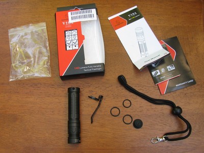 Box, instructions, extra o-rings, tailcap, and lanyard
